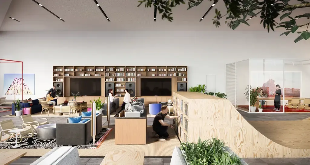 WeWork reception complete with DJ deck & skater's half pipe
