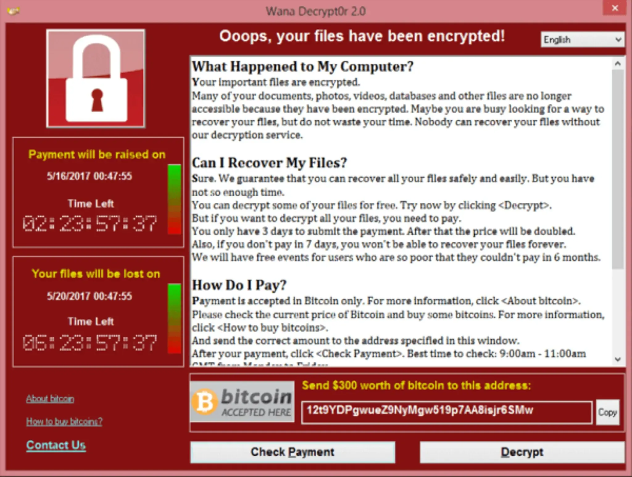 A screenshot of a ransom note left on an infected system from WannaCry